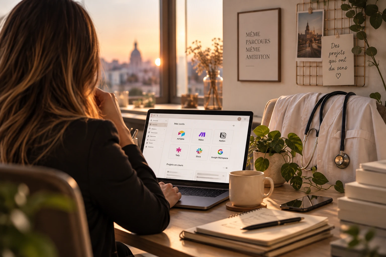 Au bureau, face à un ordinateur ouvert sur des outils No-Code ; une blouse et un stéthoscope rappellent le parcours dans la santé